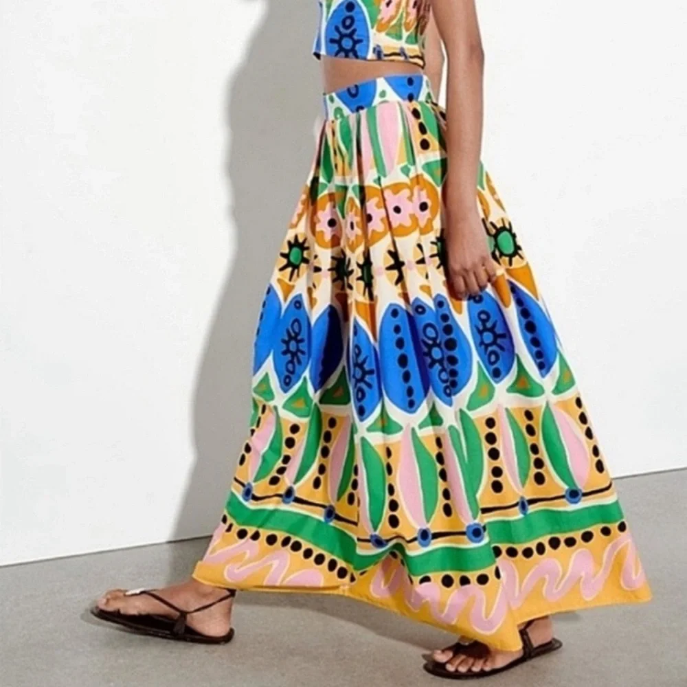 ZARA Colorful Cotton Abstract Batik African Print Pleated Maxi Skirt - Picture 3 of 13